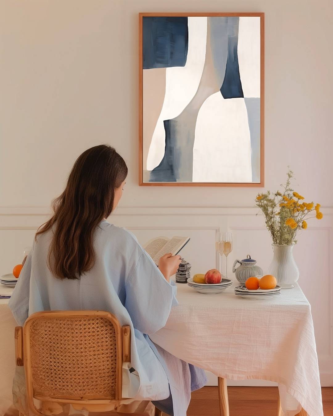 Abstracte vlakken in blauw en beige Poster – staande poster voor modern interieur
