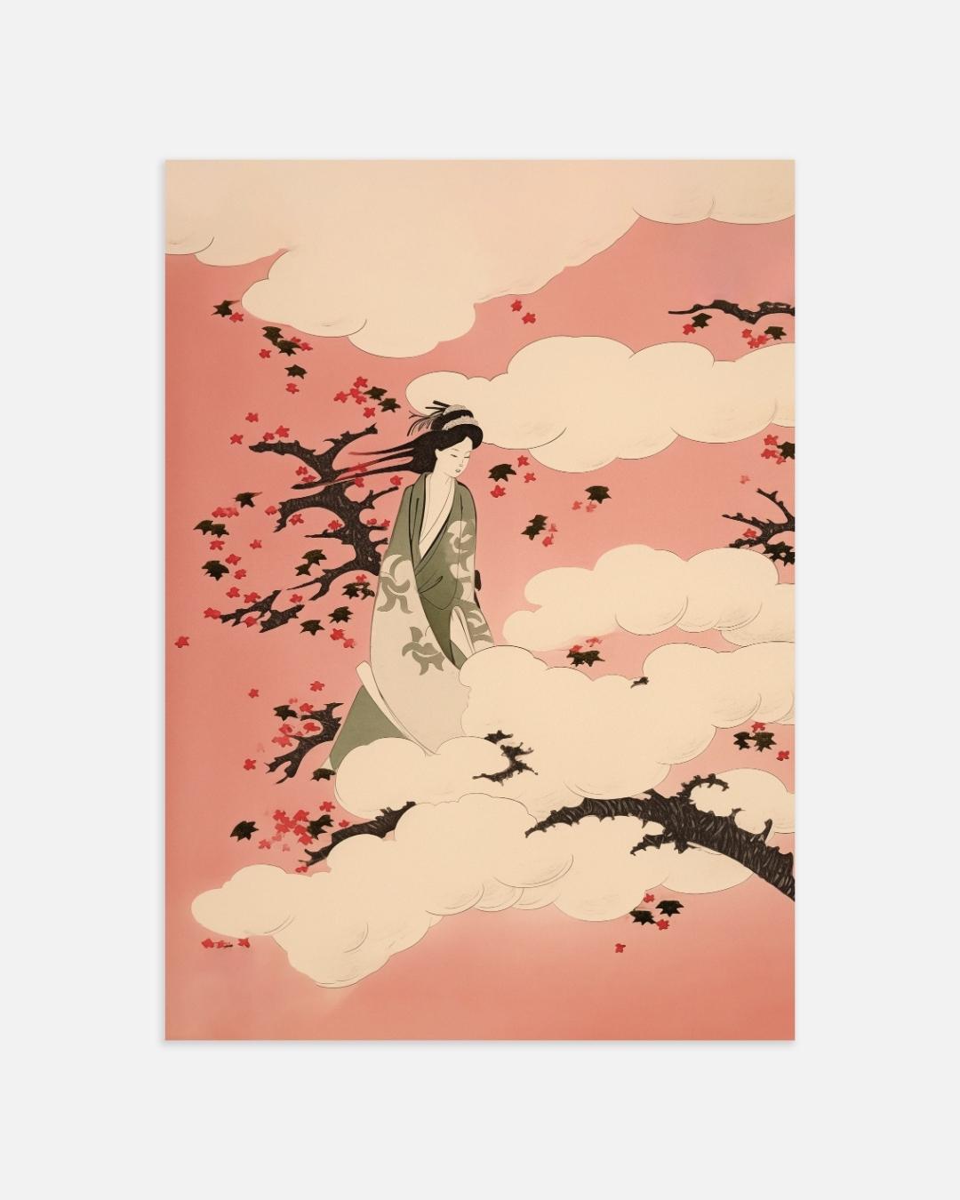 Japanse dame in de wolken Poster – portret wanddecoratie van WallArtistic