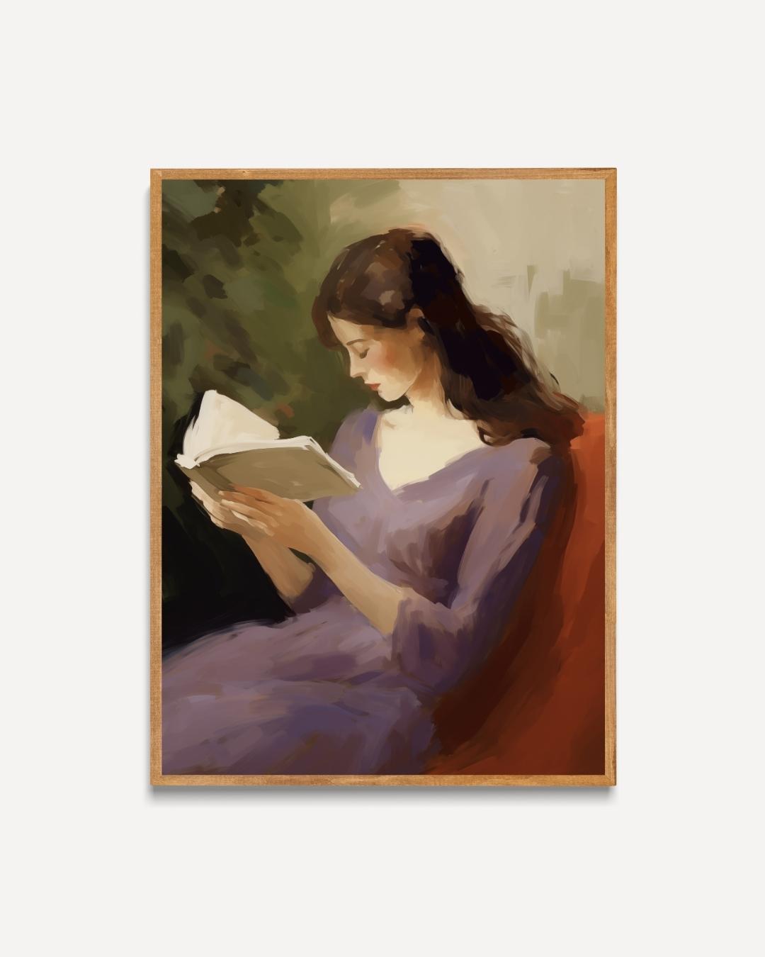 Lezende vrouw in paarse jurk Poster – portret poster als wanddecoratie
