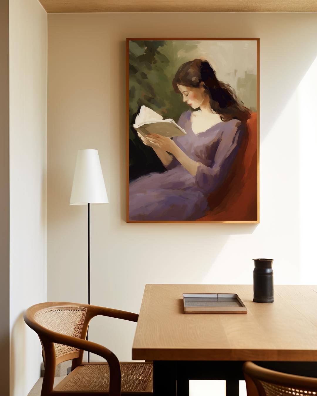 Lezende vrouw in paarse jurk Poster – staande poster voor modern interieur