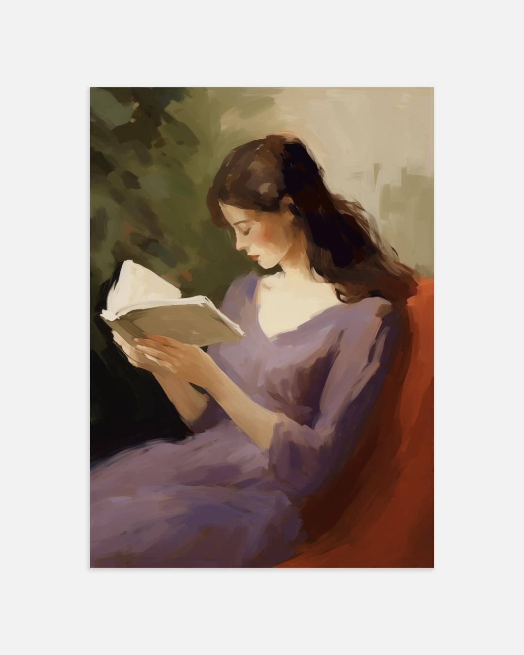 Lezende vrouw in paarse jurk Poster – portret wanddecoratie van WallArtistic