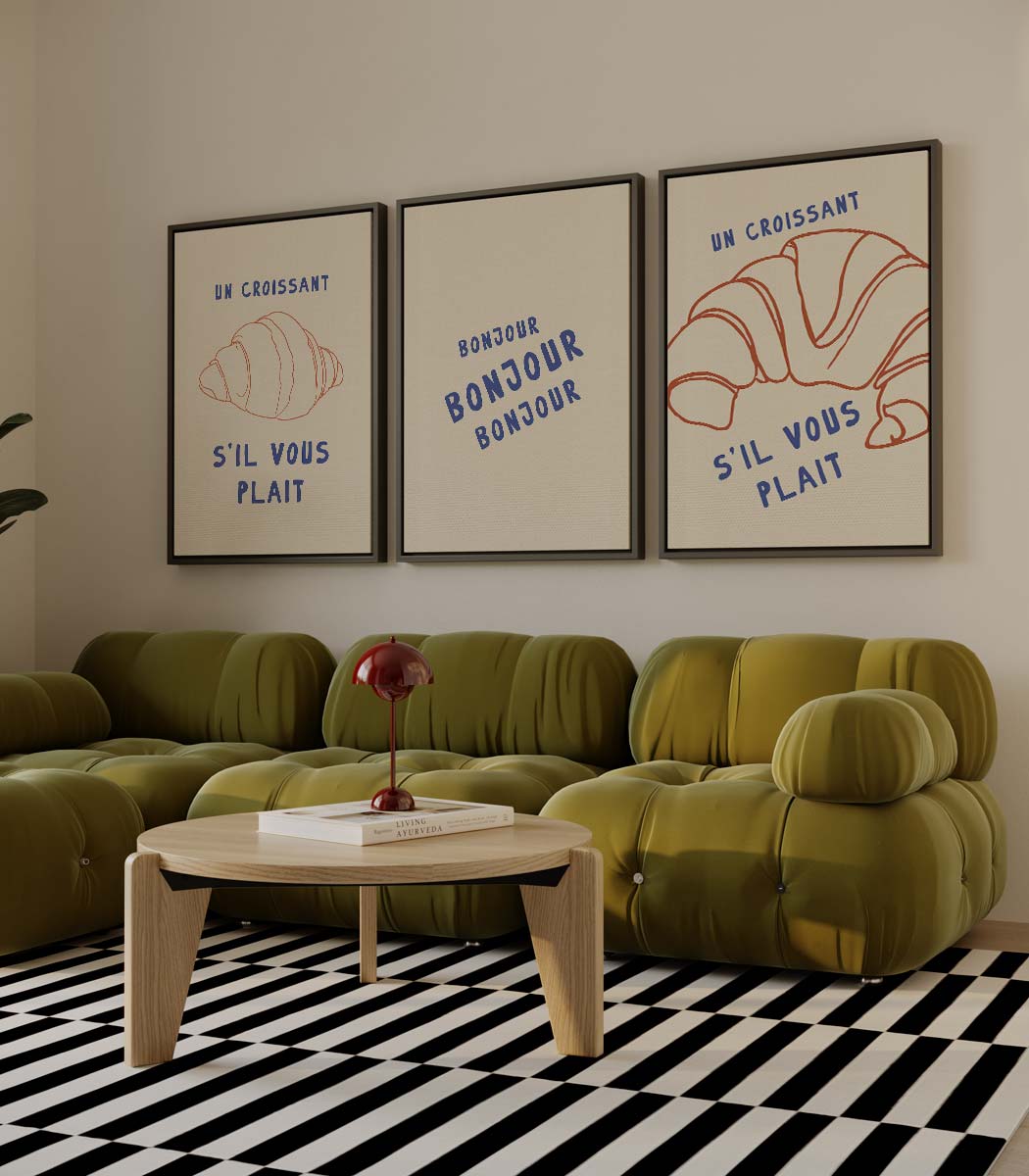 Franse ontbijtillustraties met croissants en typografie – drieluik als wanddecoratie