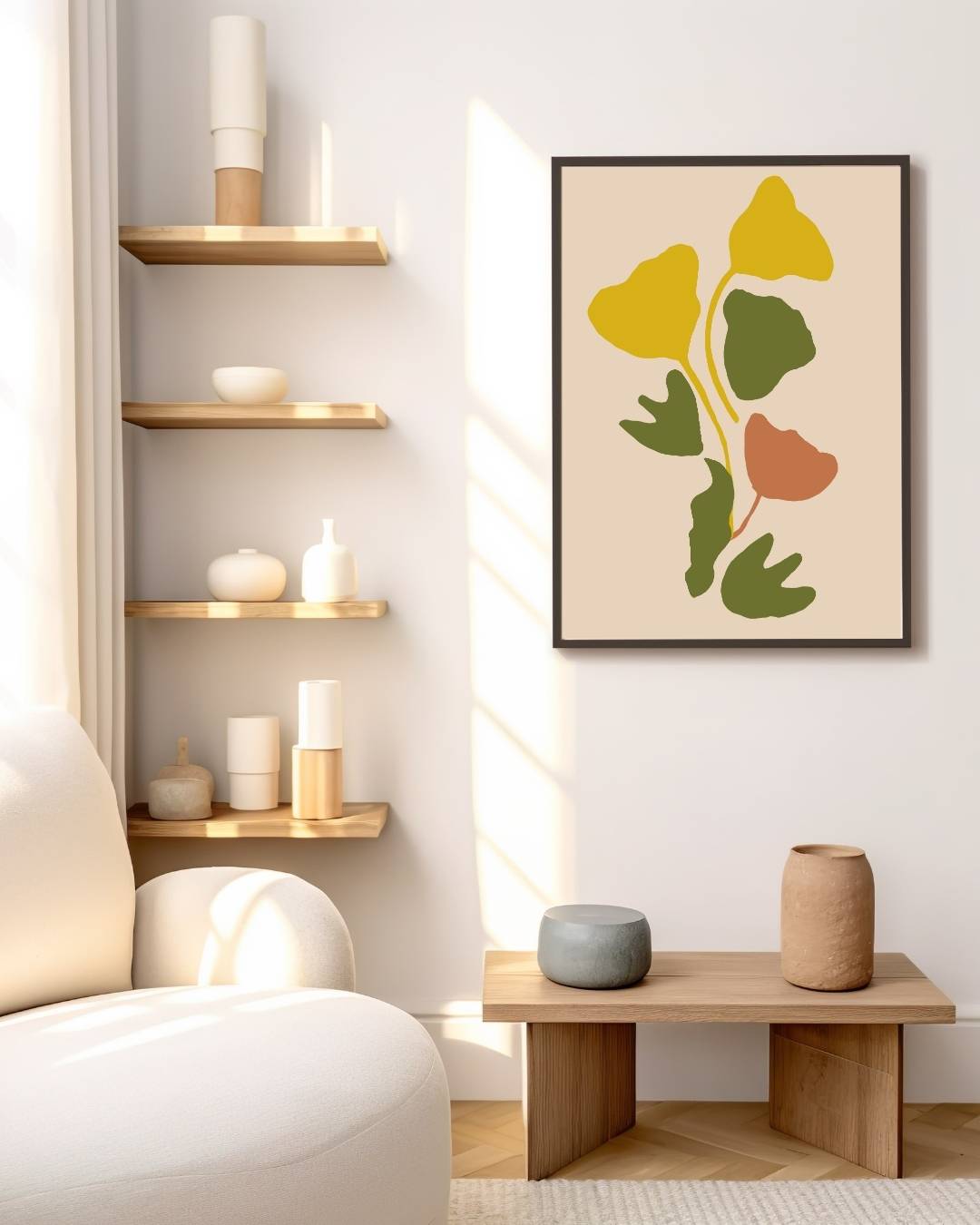 Abstracte bladeren in warme tinten Poster – staande poster voor modern interieur