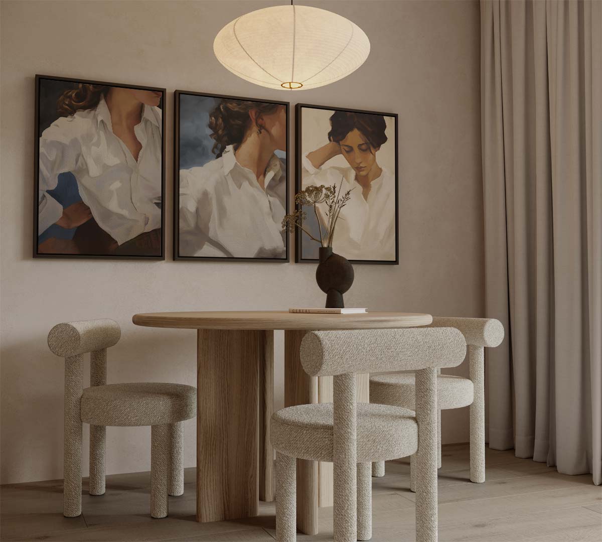 Vrouw in witte blouse, portret drieluik – canvas drieluik in portret formaat