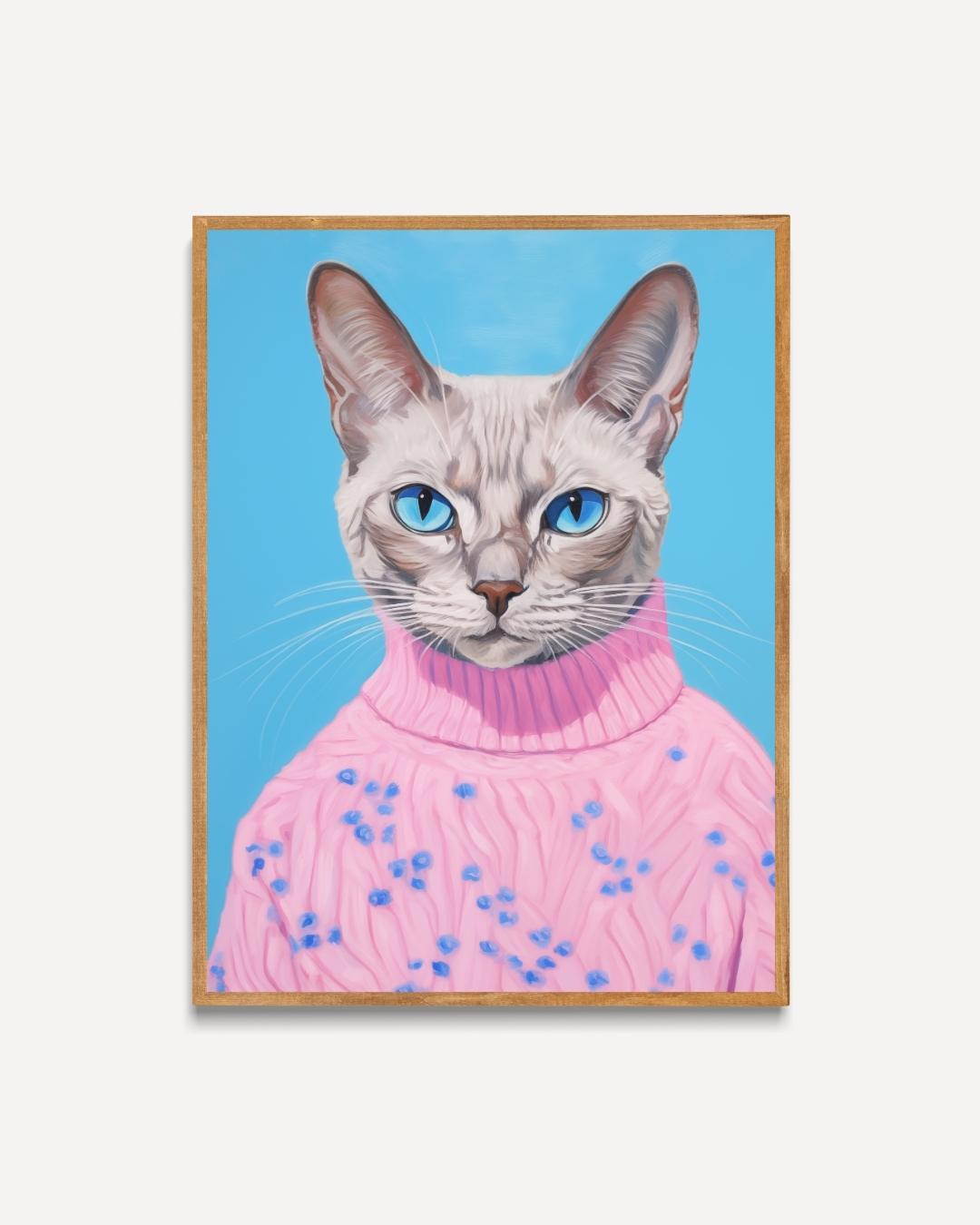 Stijlvolle kat in roze trui Poster – portret poster als wanddecoratie