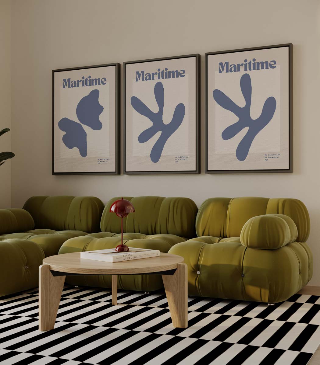 Maritime vormen in blauw – drieluik als wanddecoratie
