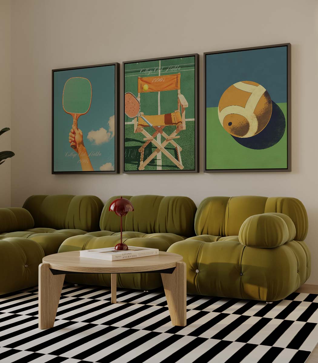 Sportieve collage in retro kleuren – drieluik als wanddecoratie