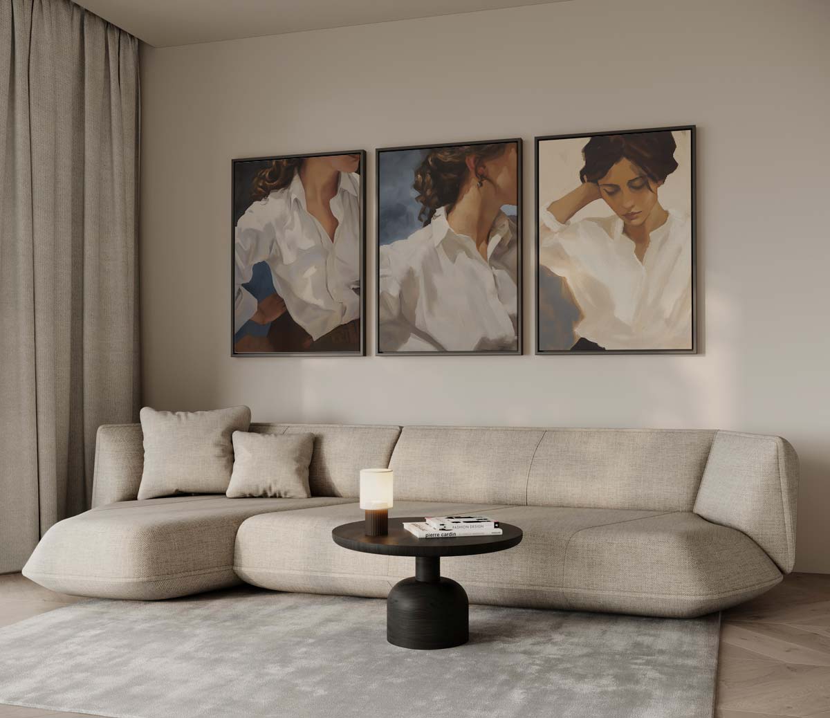 Vrouw in witte blouse, portret drieluik – drieluik voor modern interieur