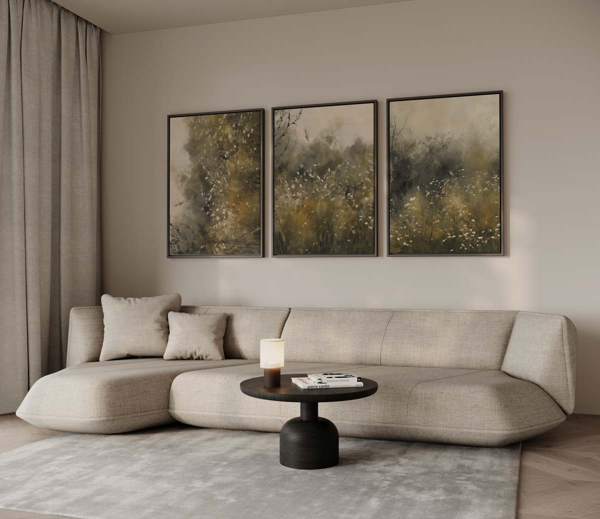Wilde tuin in de schemering – drieluik voor modern interieur