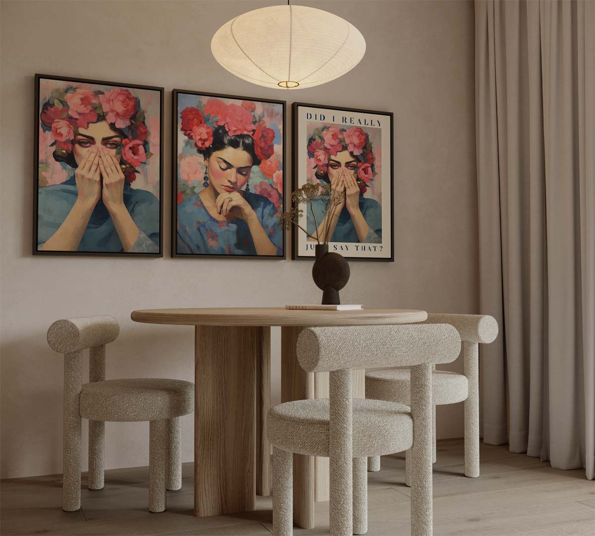 Vrouw met bloemenkroon, tekst 'DID I REALLY JUST SAY THAT?' – canvas drieluik in portret formaat