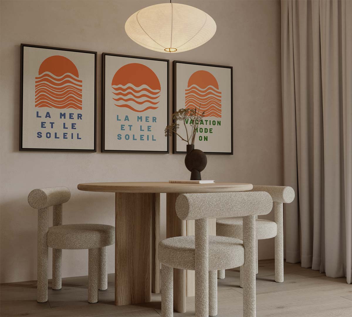 Zon en zee in grafisch patroon – canvas drieluik in portret formaat