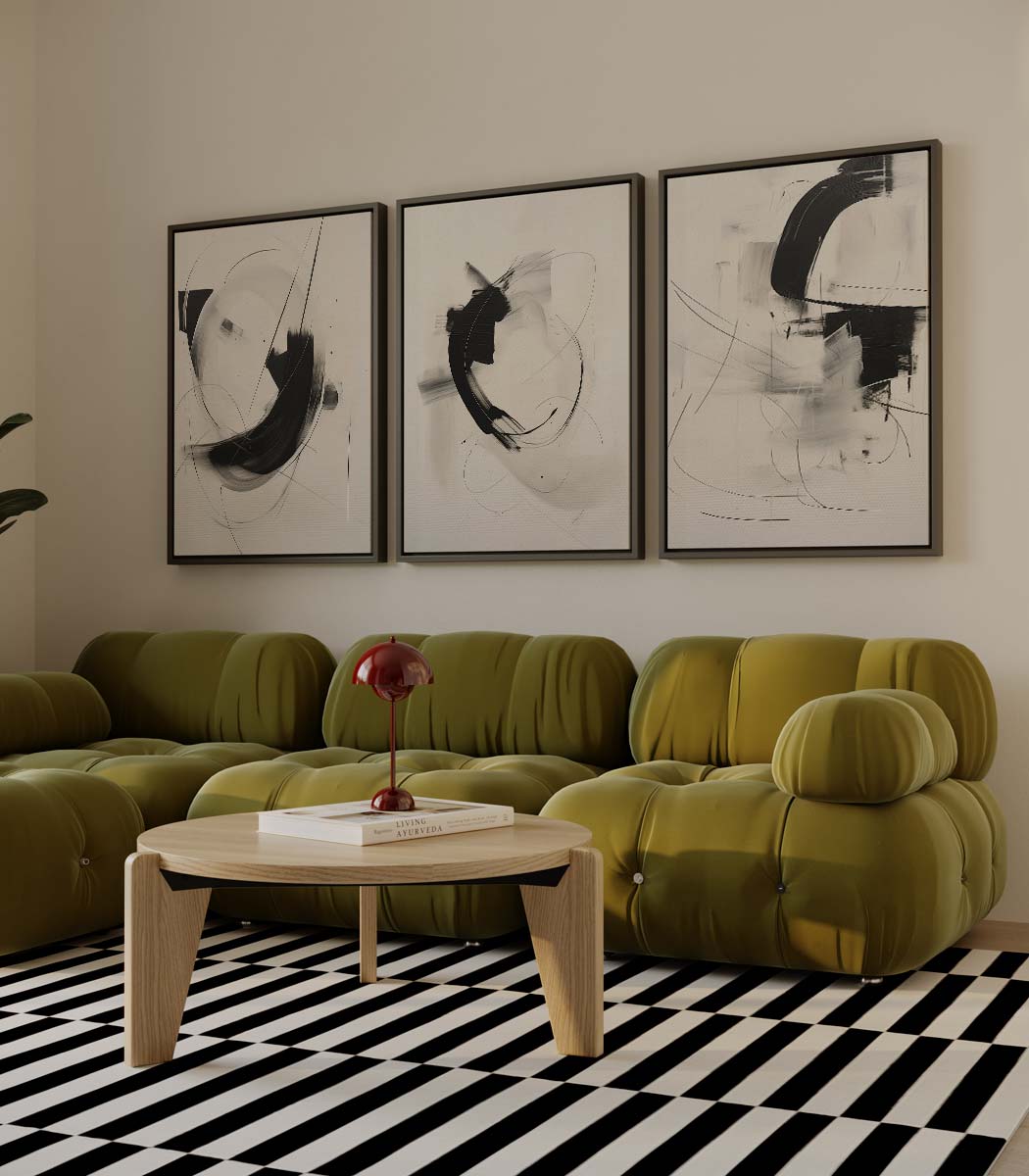 Zwart-witte penseelstreken I – drieluik als wanddecoratie