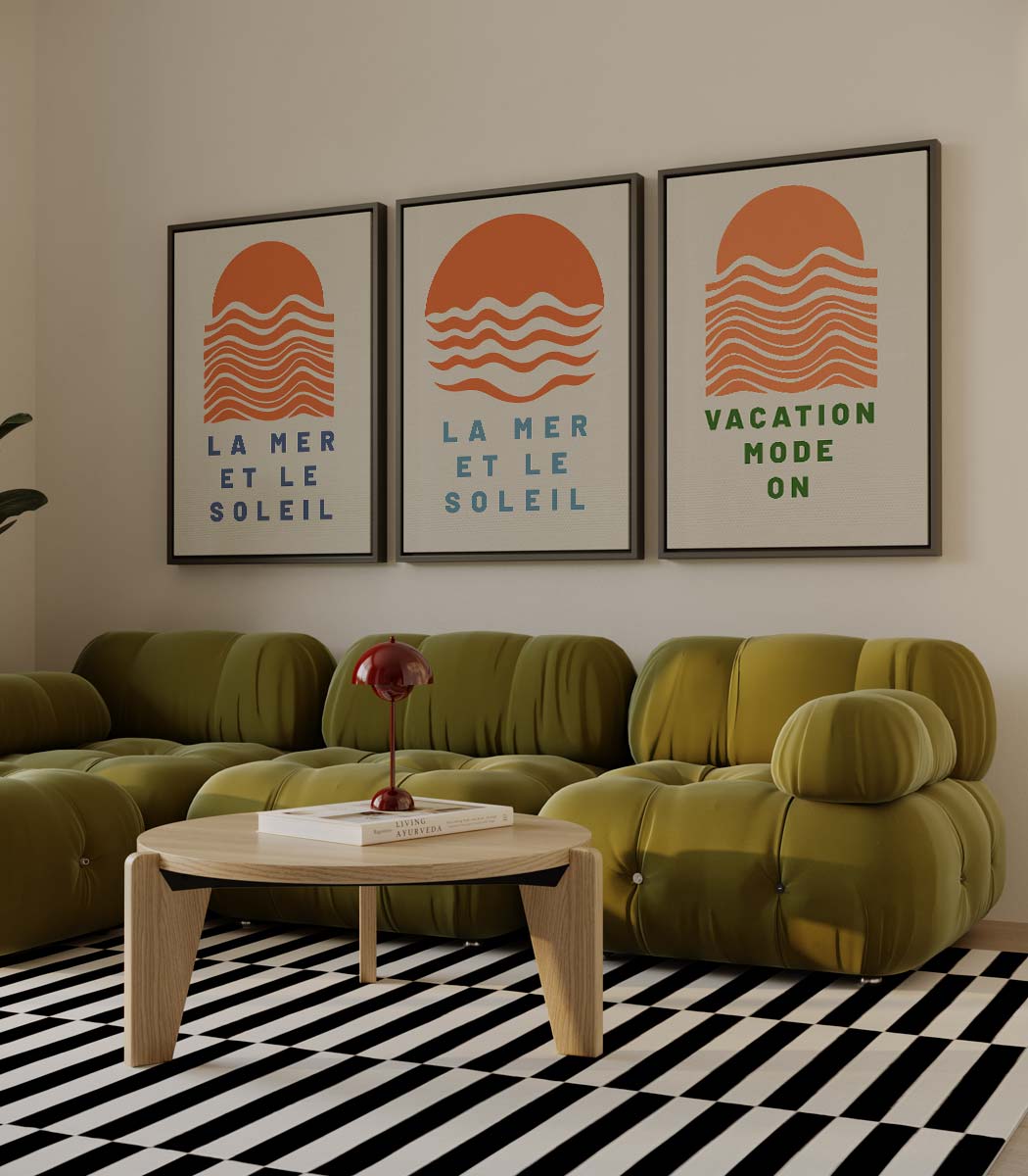 Zon en zee in grafisch patroon – drieluik als wanddecoratie
