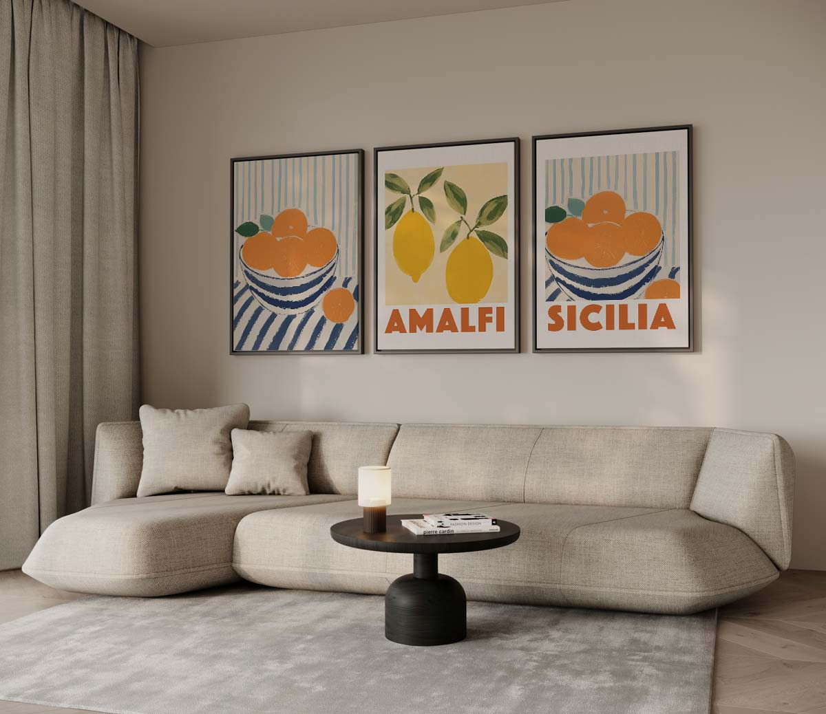 Mediterrane fruitschaal met citrusthema – drieluik voor modern interieur