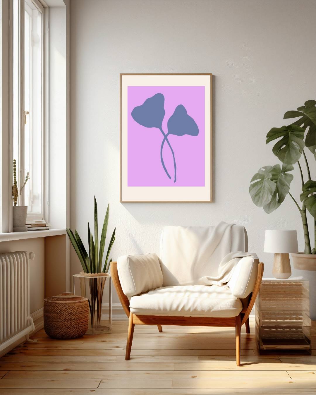 Minimalistisch blauw blad op roze Poster – staande poster voor modern interieur