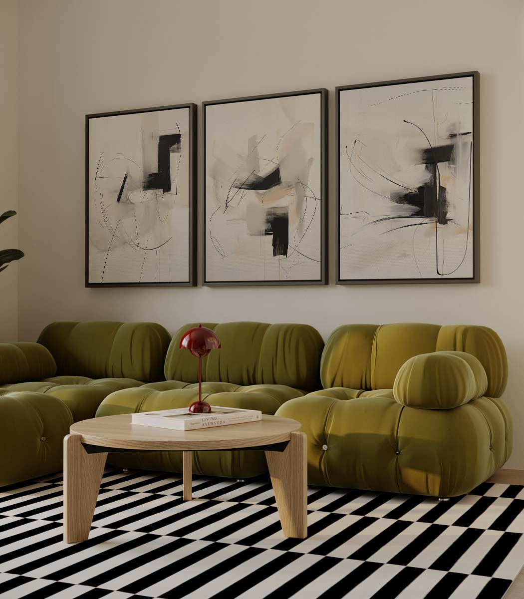 Zwart-witte penseelstreken II – drieluik als wanddecoratie