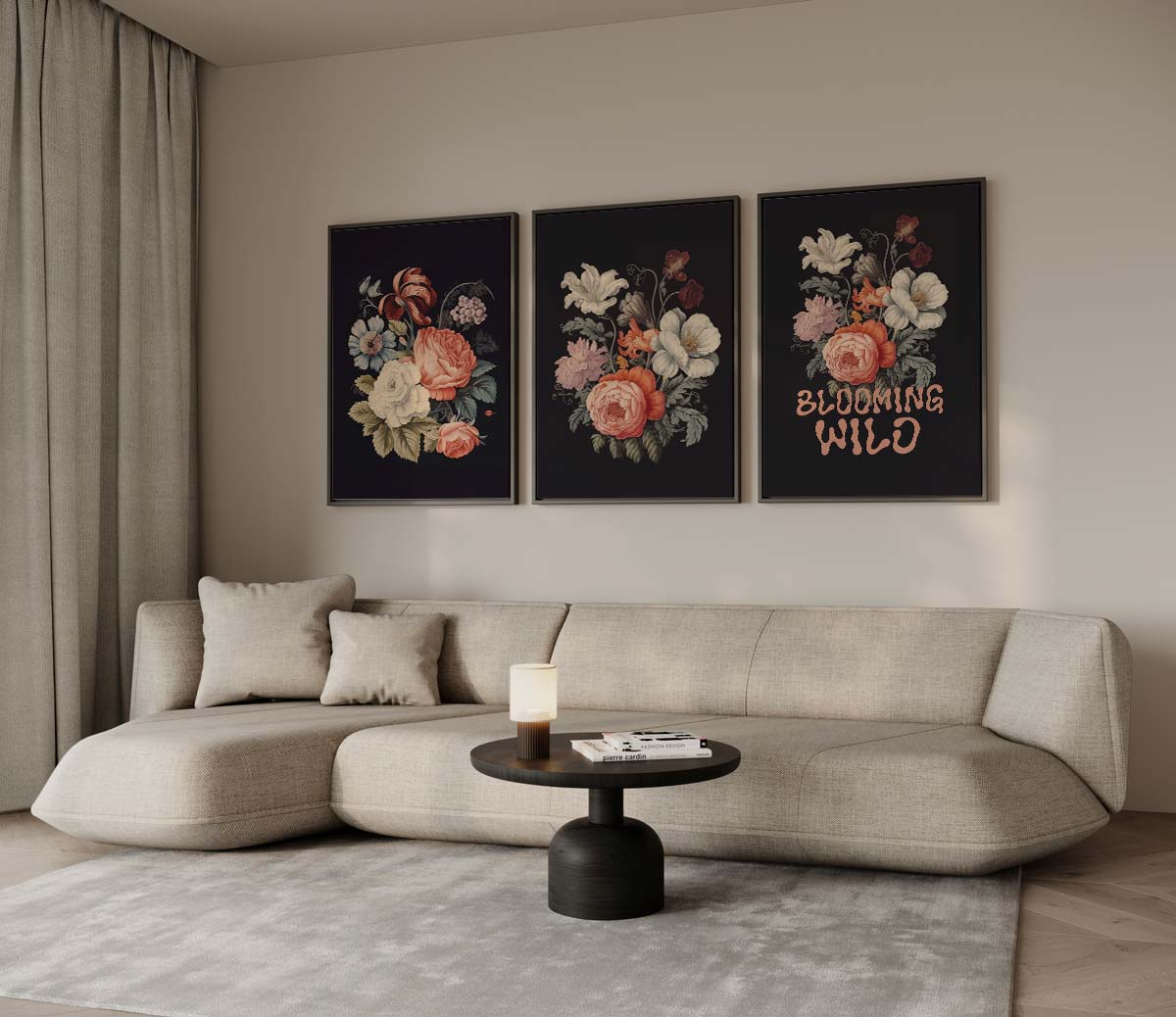 Bloemen op zwarte achtergrond met 'BLOOMING WILD' – drieluik voor modern interieur