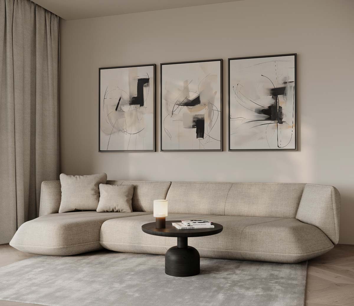 Zwart-witte penseelstreken II – drieluik voor modern interieur