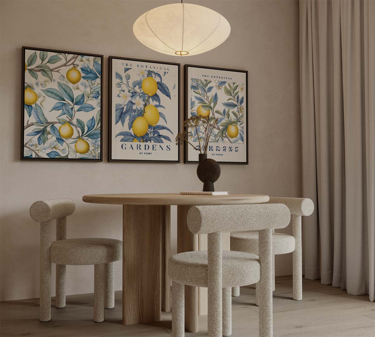 Botanische citroendrieluik met tekst 'THE BOTANICAL GARDENS' – canvas drieluik in portret formaat