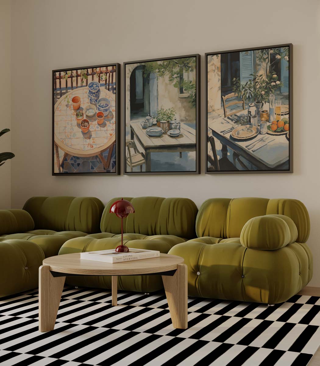 Mediterrane tafelscènes in olieverf – drieluik als wanddecoratie