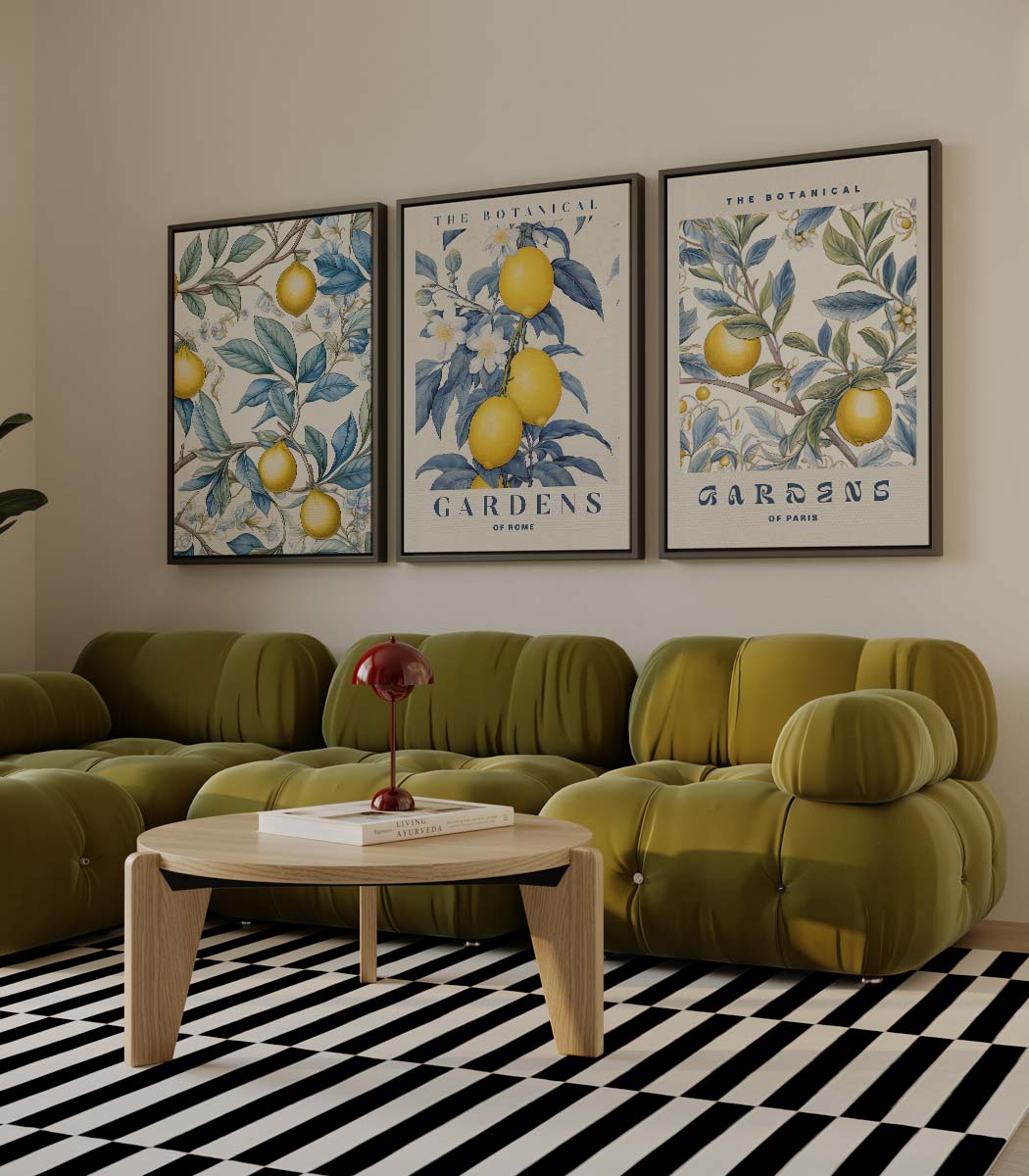 Botanische citroendrieluik met tekst 'THE BOTANICAL GARDENS' – drieluik als wanddecoratie