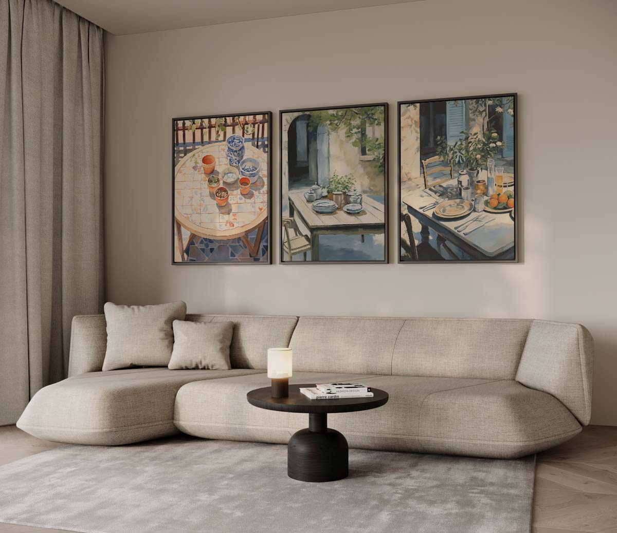 Mediterrane tafelscènes in olieverf – drieluik voor modern interieur