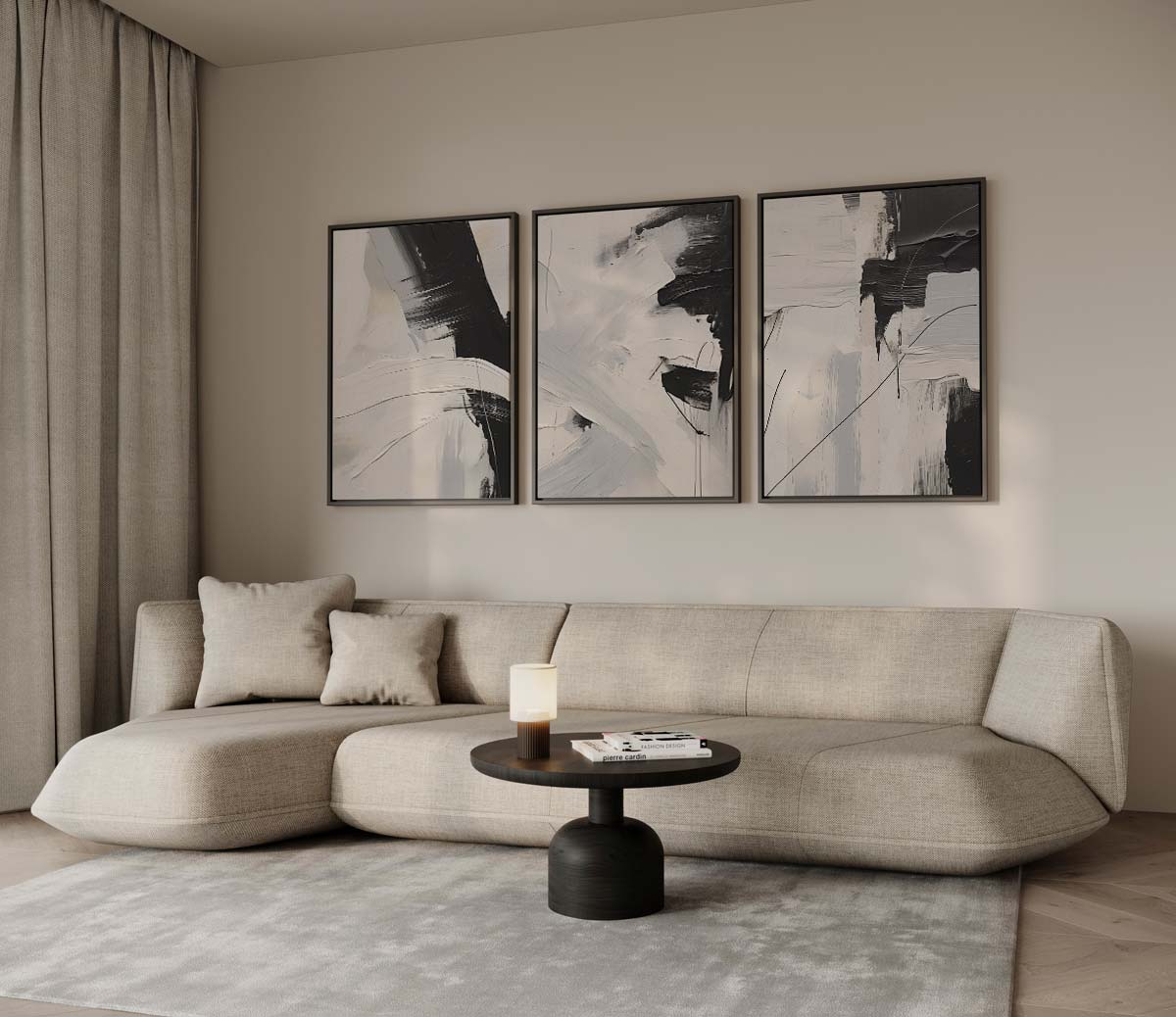Dynamisch monochroom – canvas drieluik in portret formaat