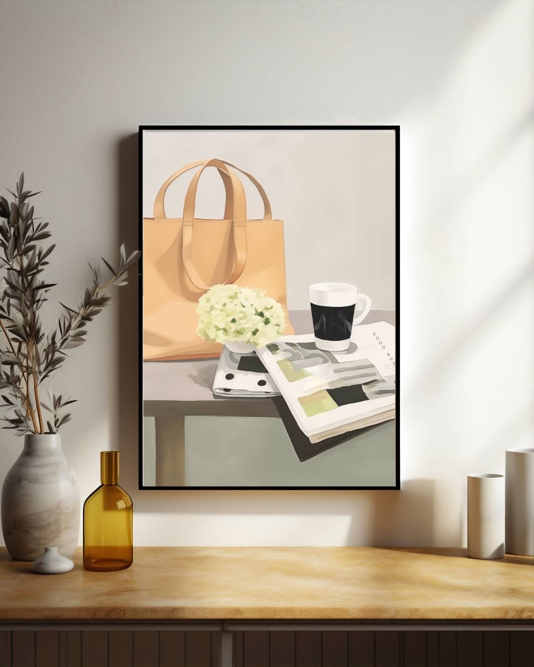 Beige tas en koffie Poster – staande poster voor modern interieur