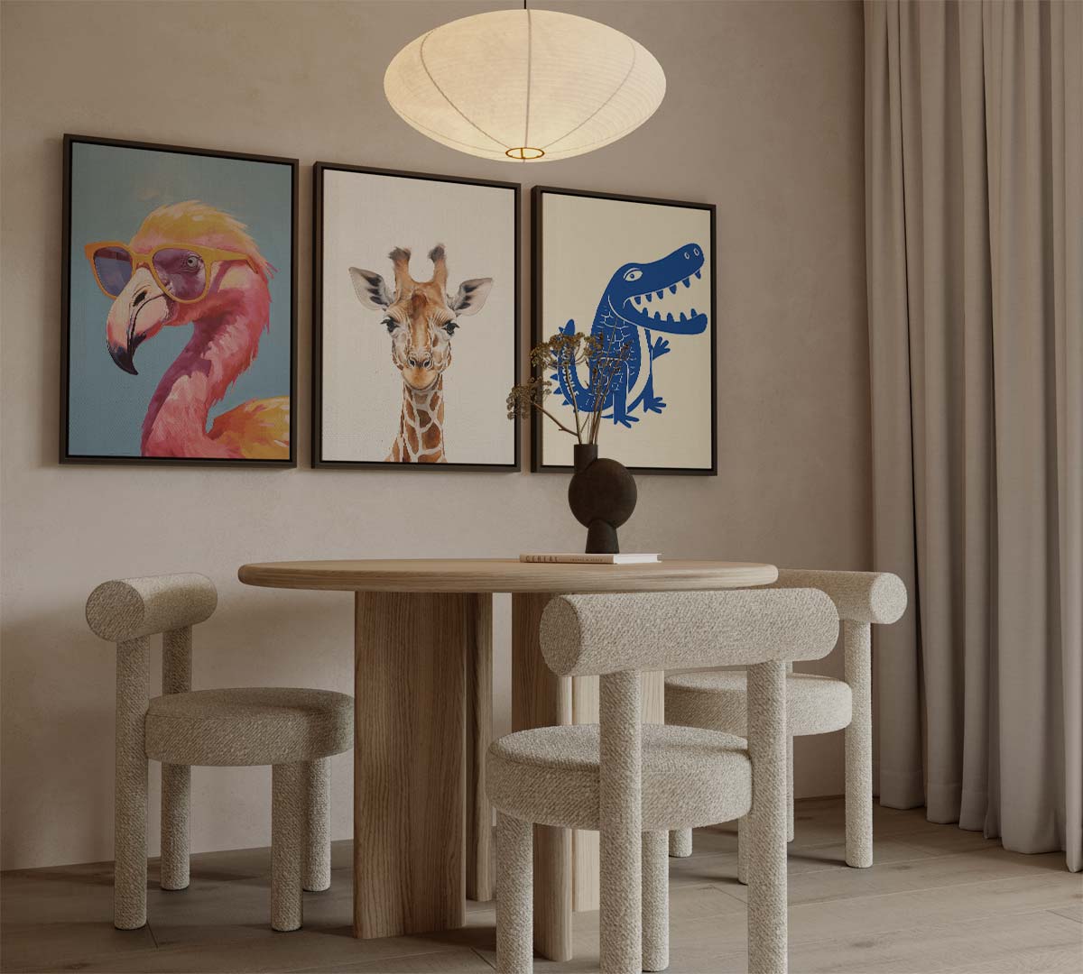 Dierenportretten: flamingo, giraffe en krokodil – canvas drieluik in portret formaat