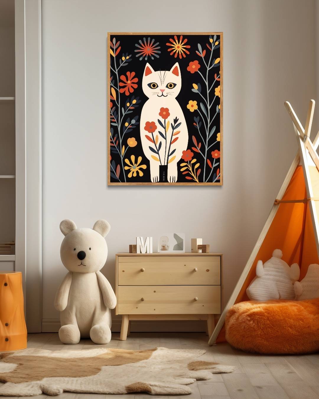 Vintage kat en bloemen Poster – staande poster voor modern interieur