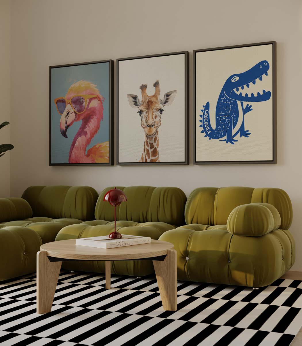 Dierenportretten: flamingo, giraffe en krokodil – drieluik als wanddecoratie