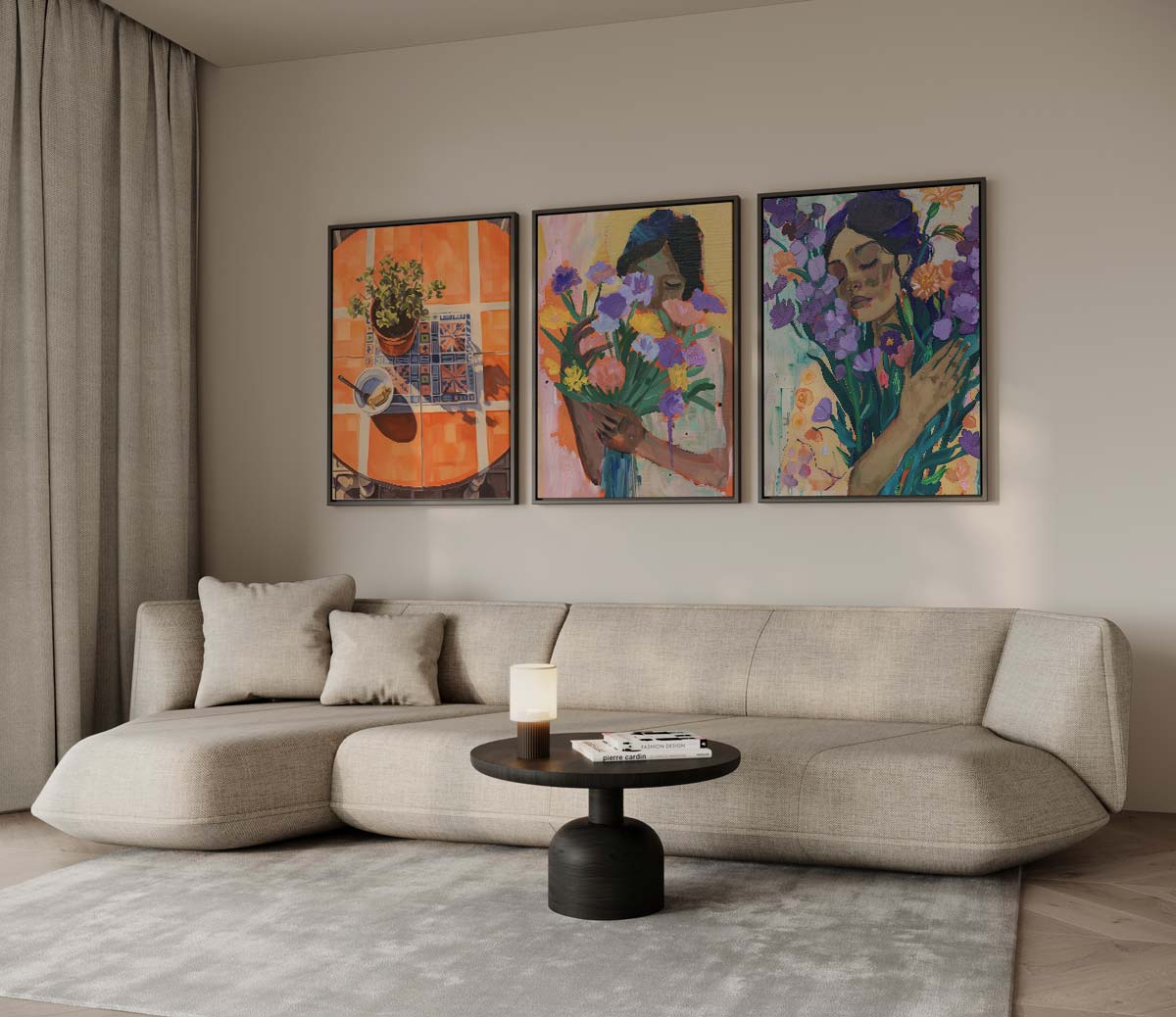 Bloemen en vrouwen in warme kleuren – drieluik voor modern interieur