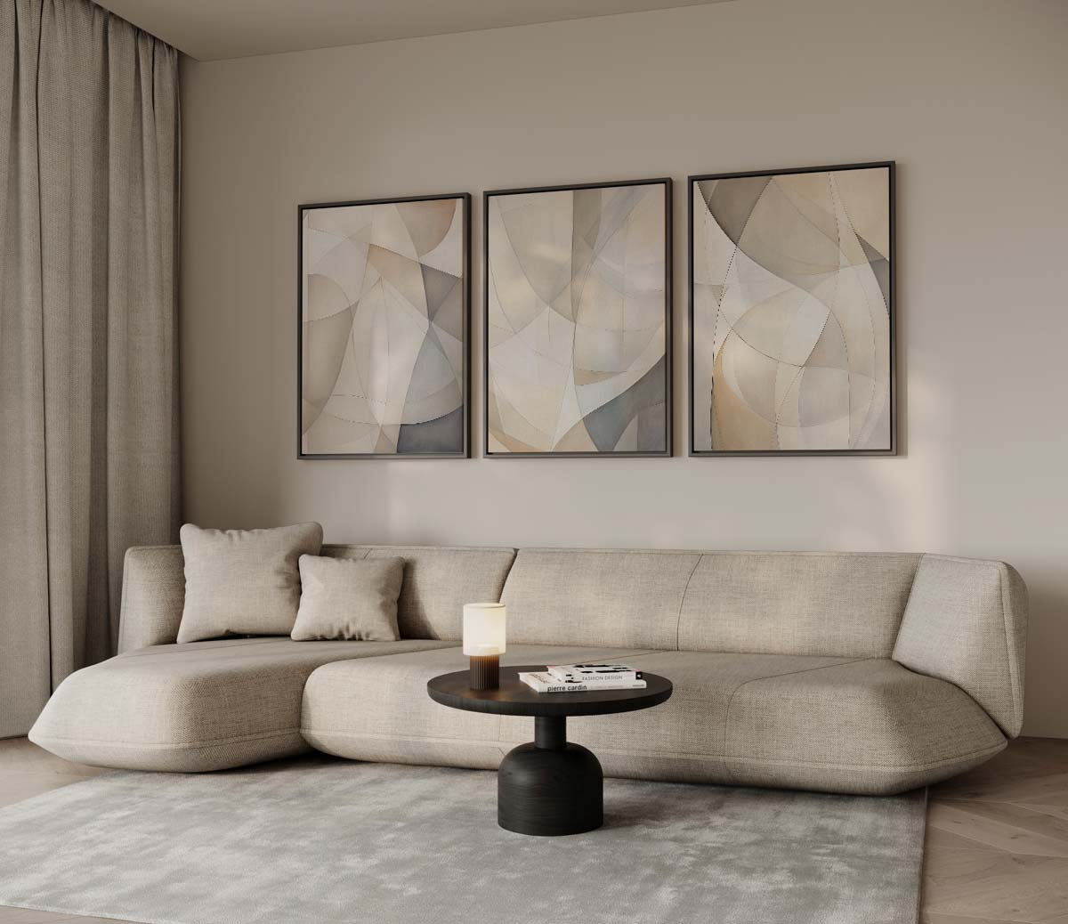 Geometrisch textielspel – drieluik voor modern interieur