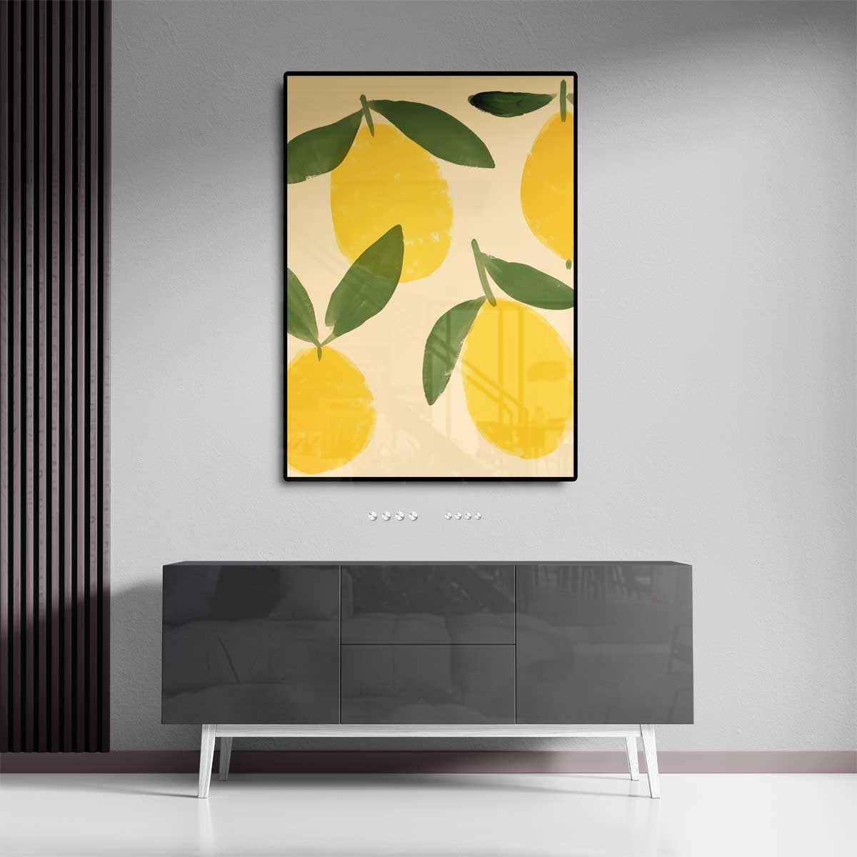 Citroenen met bladeren op beige achtergrond – canvas wanddecoratie in portret formaat