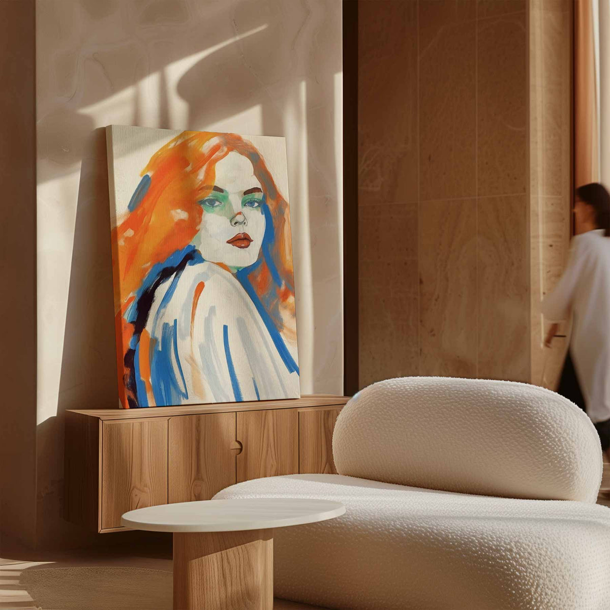 Schets van een vrouw met oranje haar – dibond wanddecoratie in staand formaat