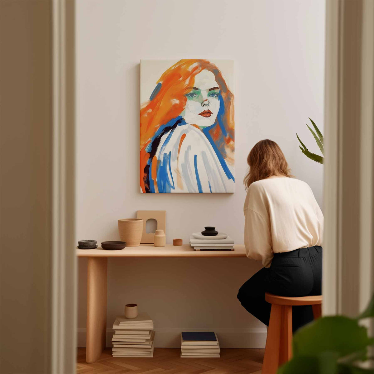 Schets van een vrouw met oranje haar – modern portret kunstwerk van WallArtistic