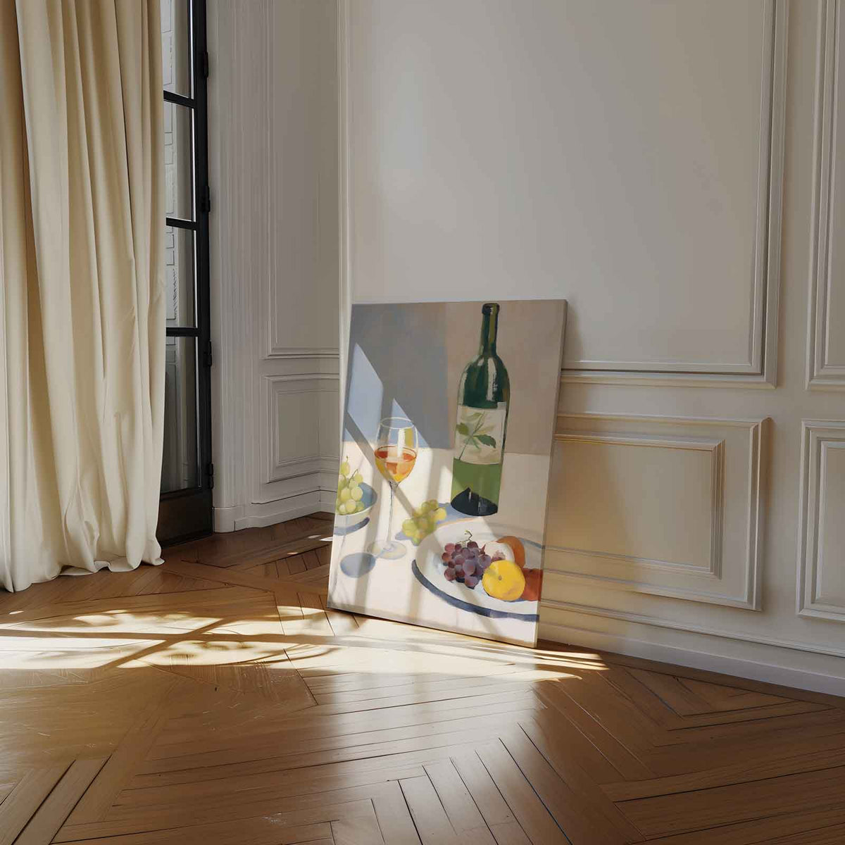 Glas wijn en fruit – kunstwerk met zwarte baklijst