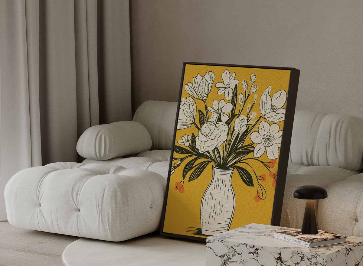 Illustratie op okergeel – staand kunstwerk voor modern interieur