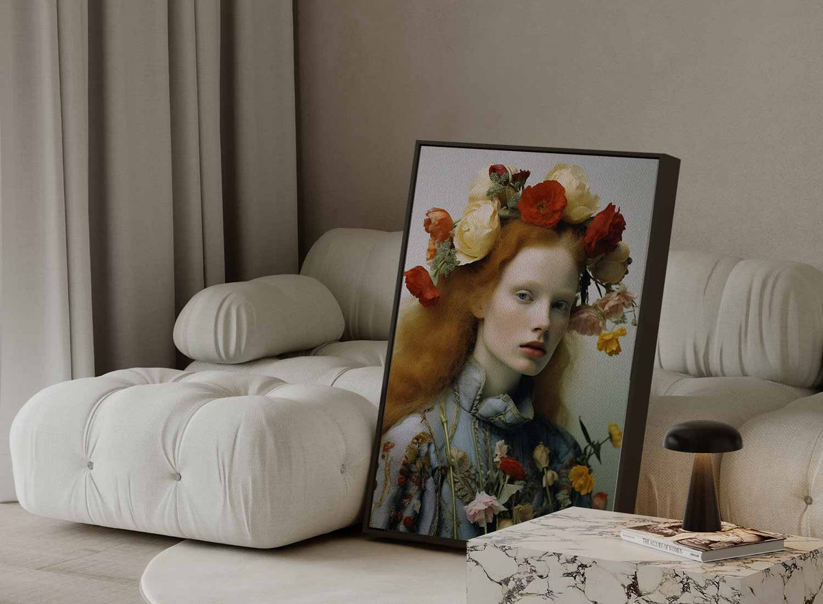 Portret met bloemenkroon I – canvas wanddecoratie in portret formaat