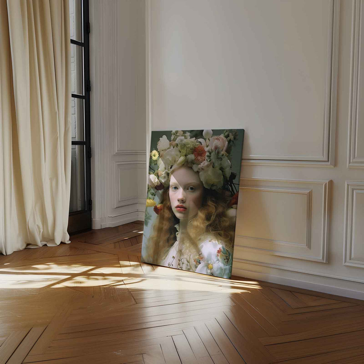 Portret met bloemenkroon II – plexiglas wanddecoratie in portret formaat