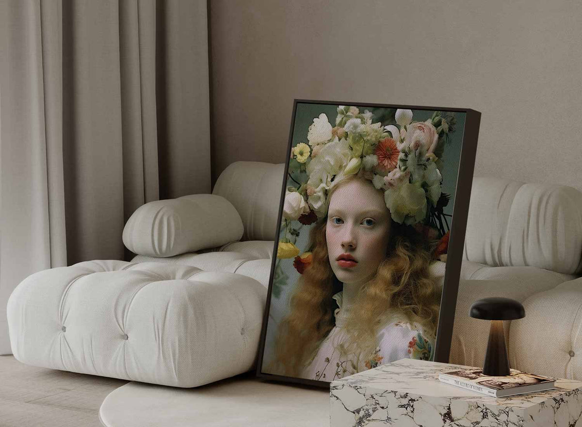 Portret met bloemenkroon II – canvas wanddecoratie in portret formaat