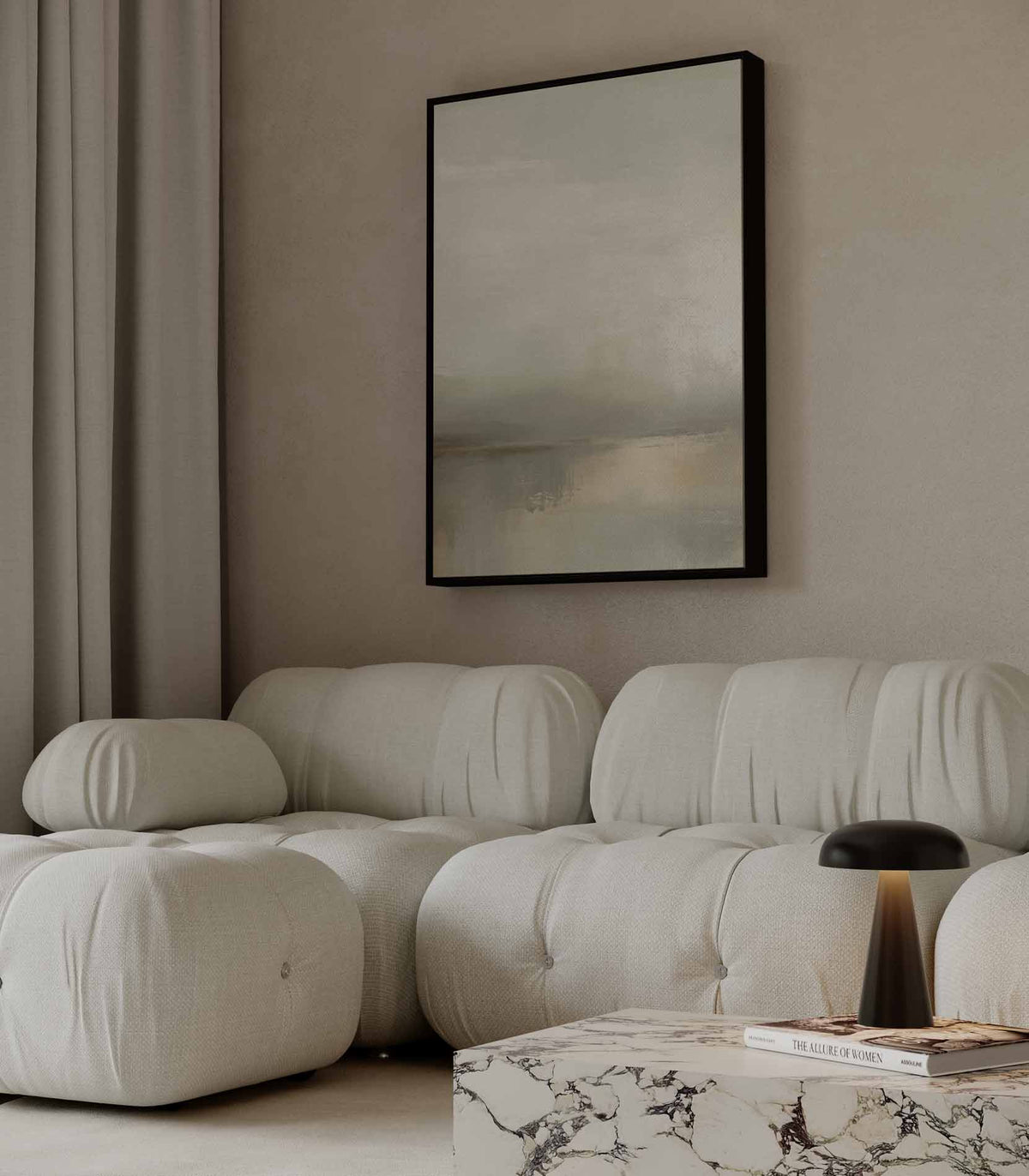 Neutrale abstractie met diepte – staand kunstwerk voor modern interieur
