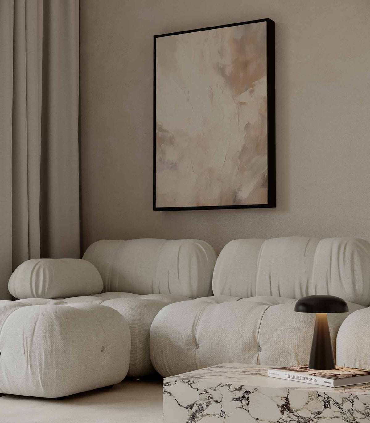 Warme abstractie in beige en crème – staand kunstwerk voor modern interieur