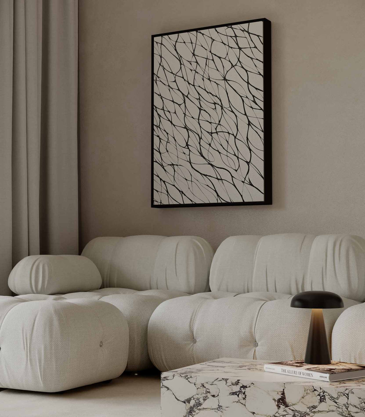 Organisch lijnenspel in zwart-wit – staand kunstwerk voor modern interieur