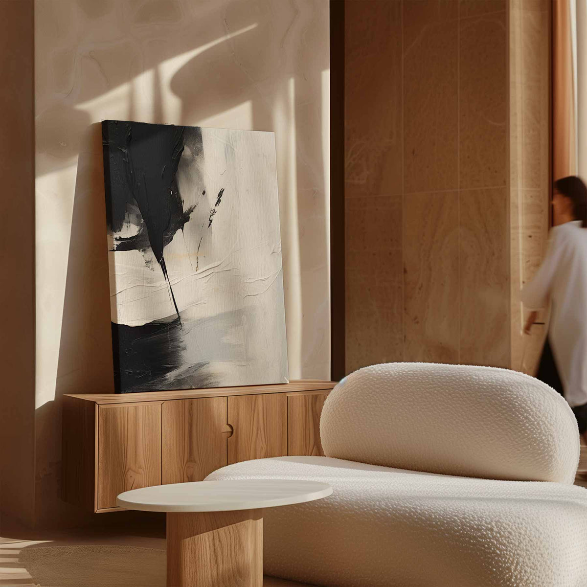 Abstract contrasterende vlakken in zwart en wit – staand kunstwerk voor modern interieur