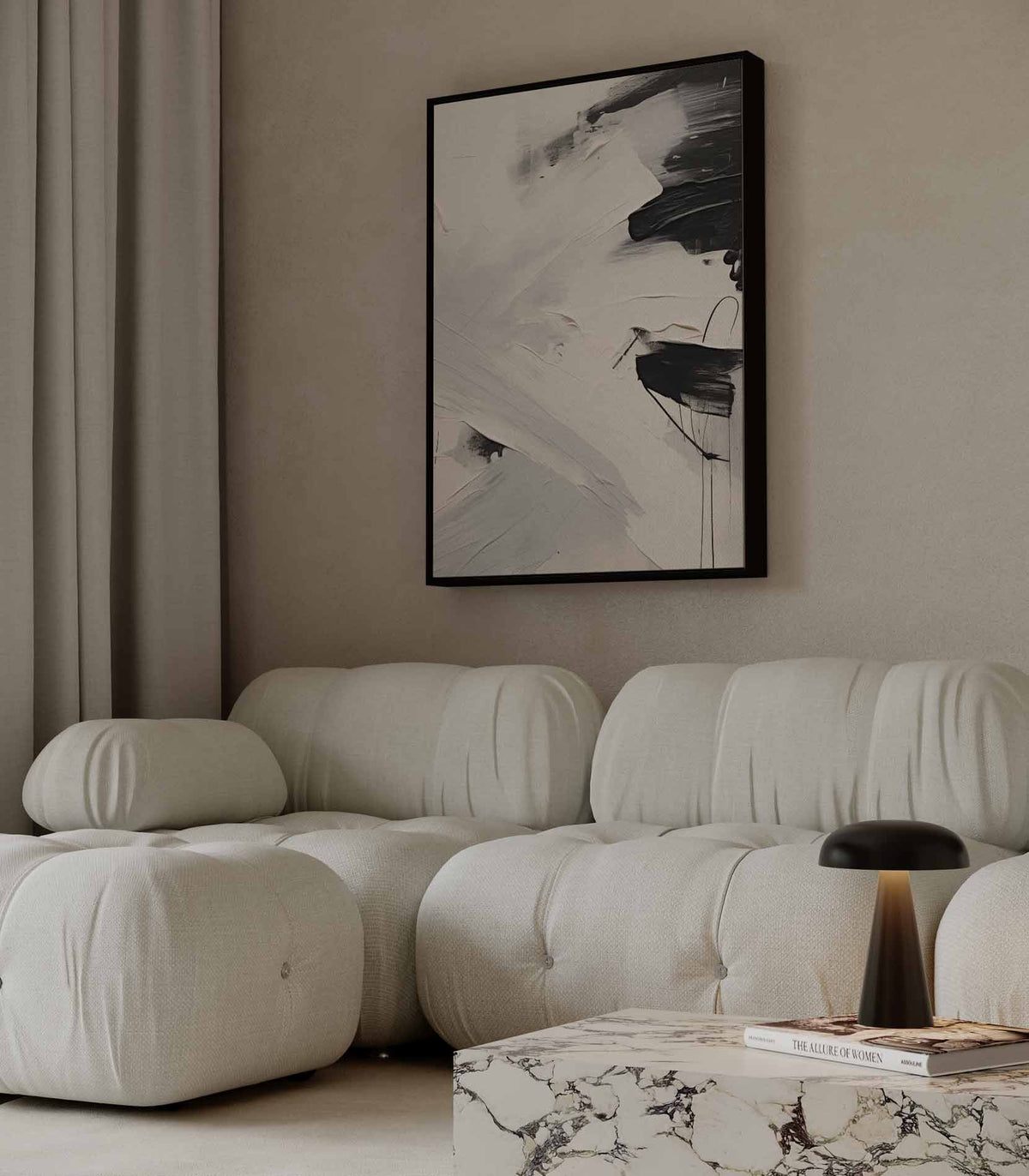 Kruisende penseelstreken in zwart en wit – staand kunstwerk voor modern interieur