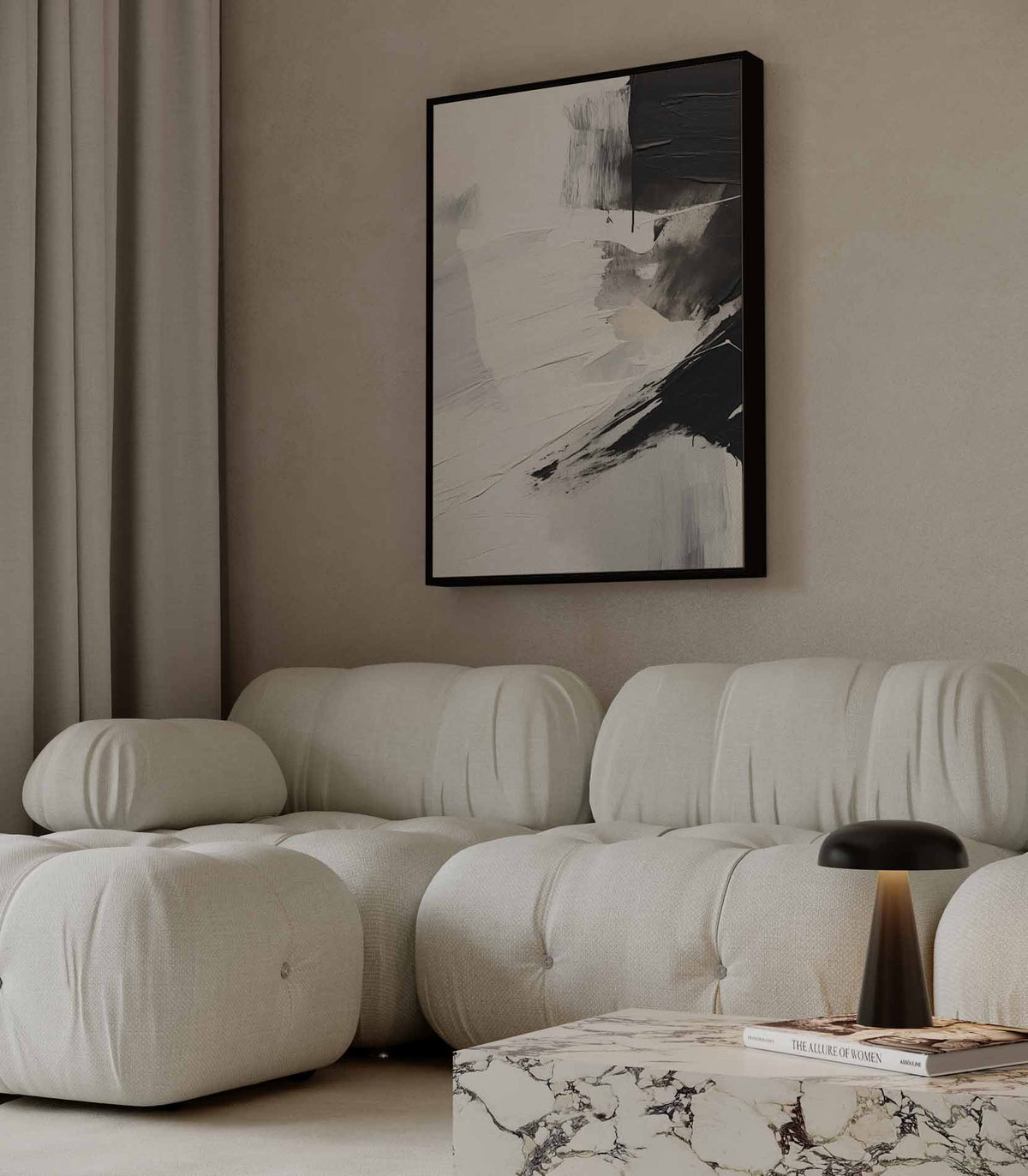 Wit en zwart met ruwe verfstructuur – staand kunstwerk voor modern interieur