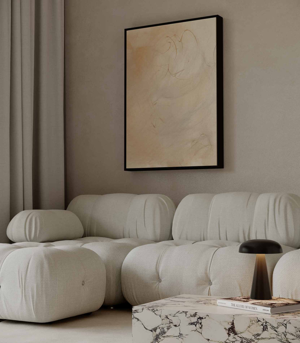 Abstract lijnenspel in perzikkleur – staand kunstwerk voor modern interieur