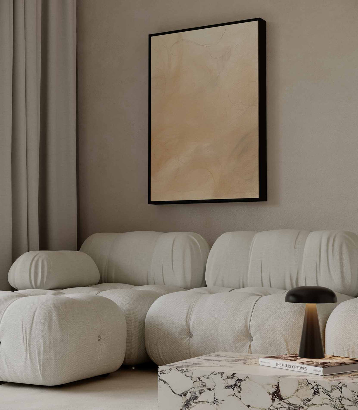 Warme abstracte fluistering – staand kunstwerk voor modern interieur