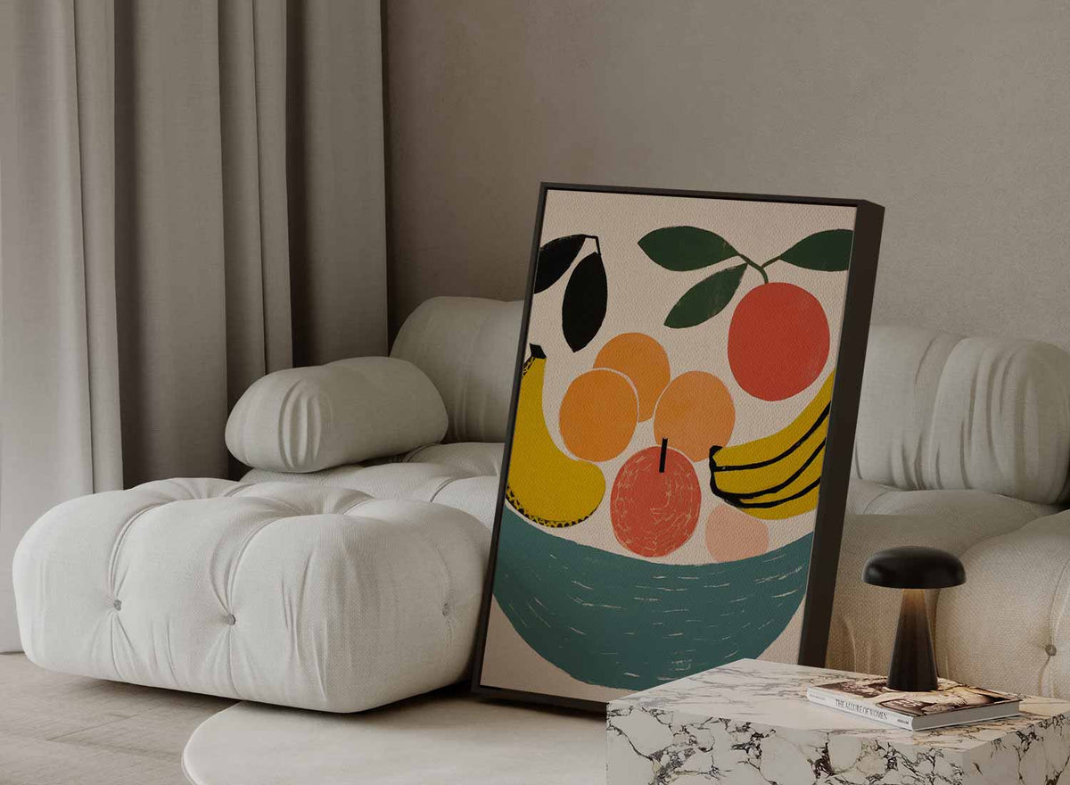 Kleurrijke fruitschaal met bananen en perziken – staande wandkunst voor woonkamer of interieur